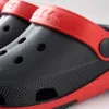 Three pairs of crocs in black, red, black, white, blue and white checkered fabric are on display Application Scenario